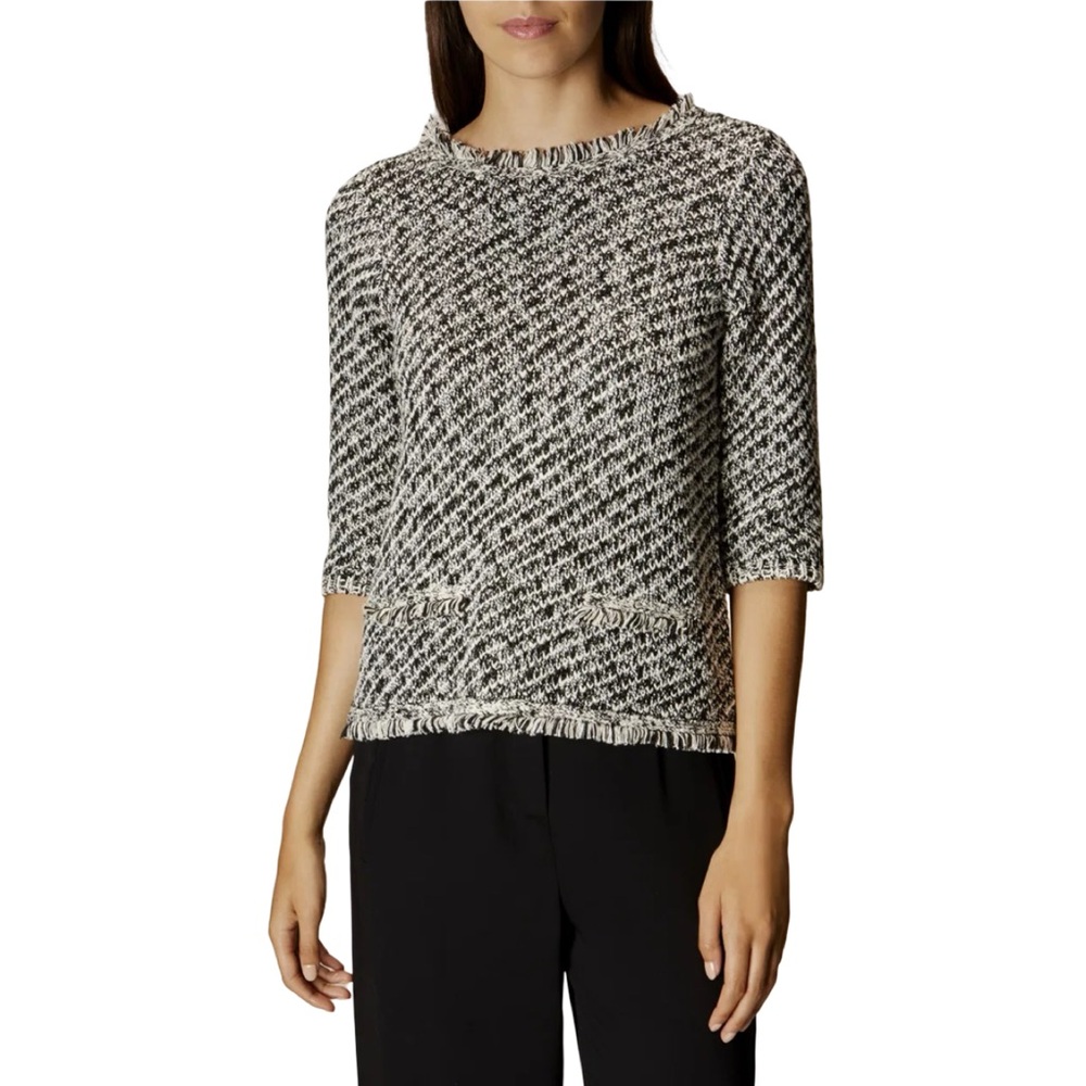 Karen Millen Fringe Bouclé 3/4 Sleeve Pull On Black and White Blouse Top
